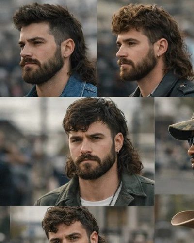 Mullet con Barba e Baffi Uomo