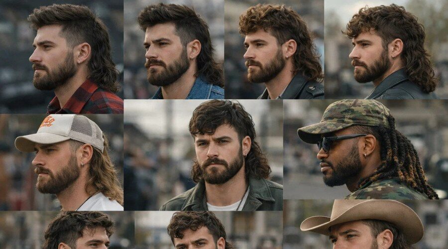 Mullet con Barba e Baffi Uomo